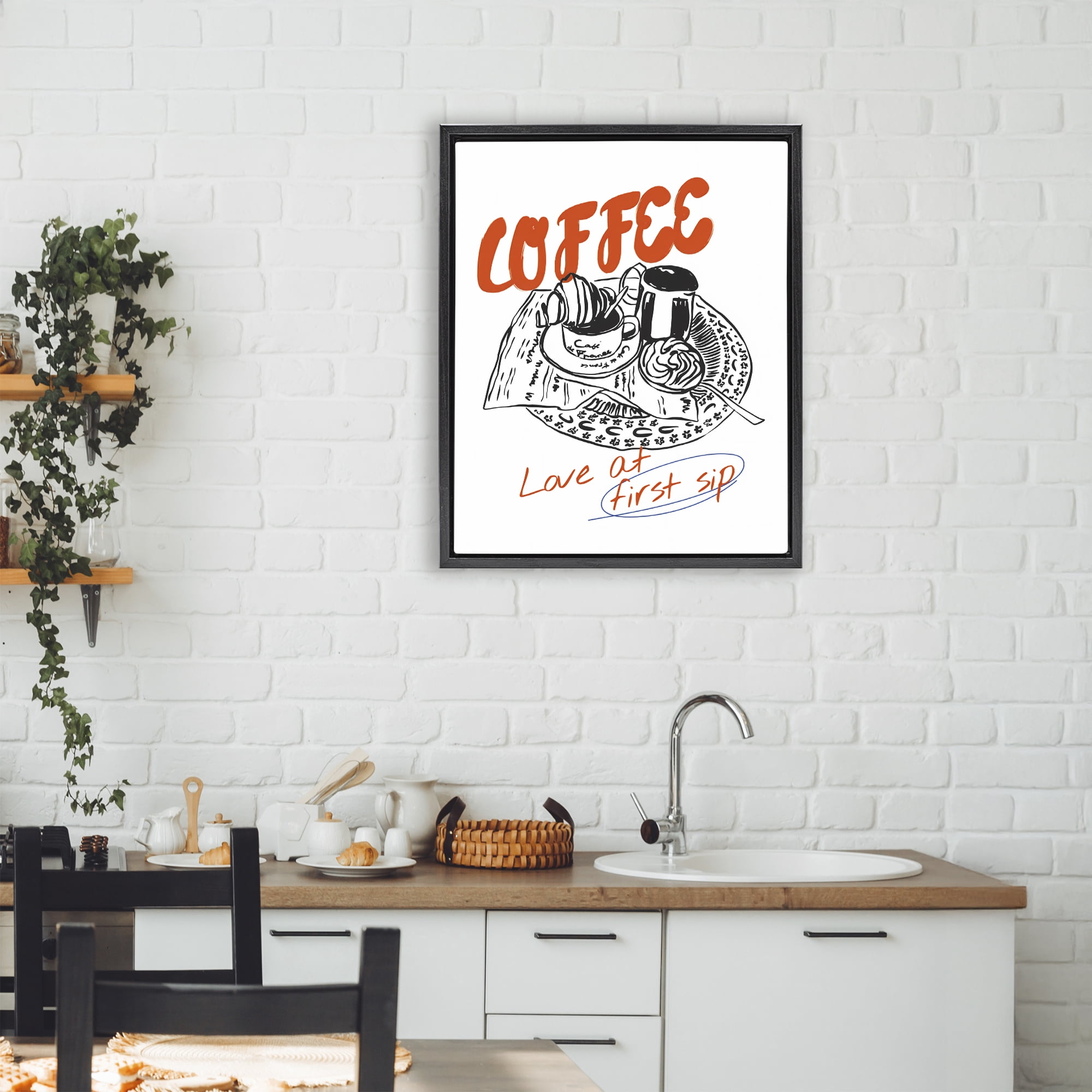 Stupell Industries Coffee Love At First Sip Black Framed Floater Canvas Wall Art, design by The Prints Vibe