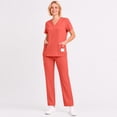 thumbnail image 3 of Scrubs for Women Set Medical Uniform Stretch Short Sleeve Vneck Top & Straight Leg/Jogger Pants with Mutli Pockets Red,XL, 3 of 7