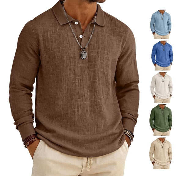 LWavelet Mens Linen Polo Shirt Long Sleeve Spring Fall Vacation Cotton Linen Shirt Casual Lightweight Button Collared Tops
