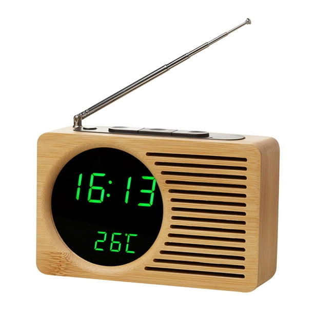 Radio Reloj Reloj despertador de madera Retro multifuncional con radio de cabecera, radio reloj con Tomshoo Bambú-Luz verde