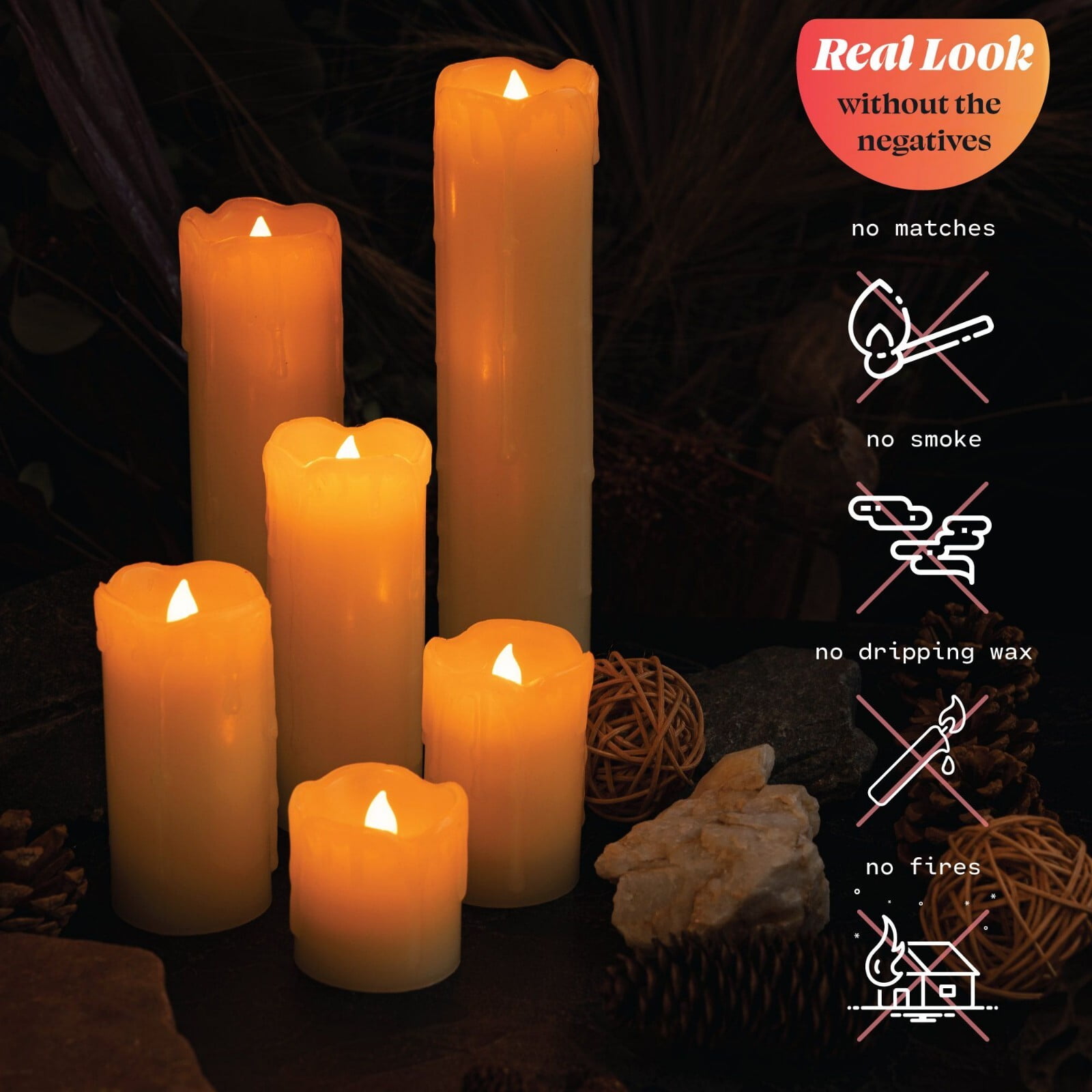 Halloween 6pcs Timer Flickering Flameless 2"-9" LED Pillar Candles Realistic