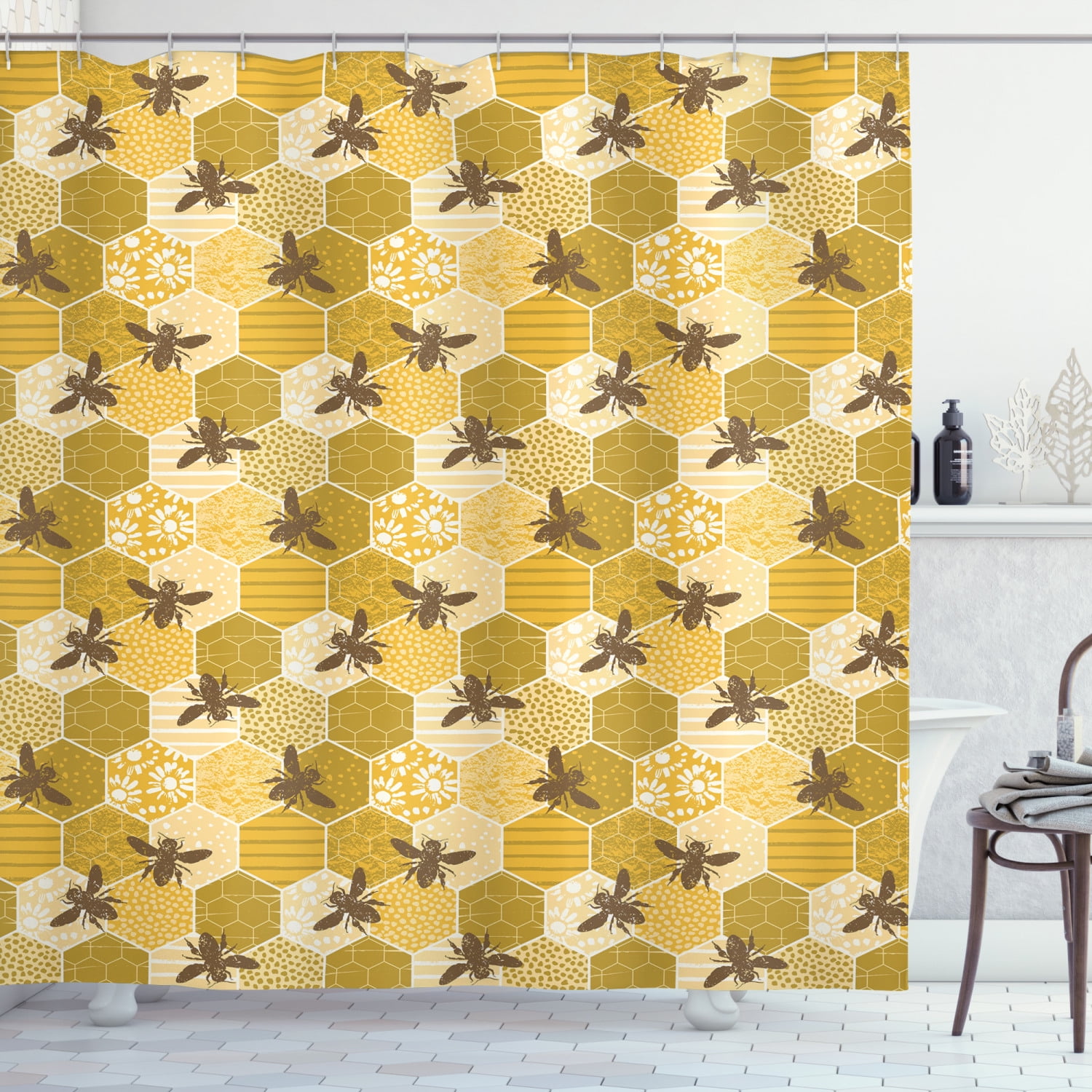 Honeycomb & Bee Shower Curtain Hooks Bathroom Mat Rug Waterproof Fabric 72x72" 