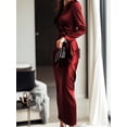 thumbnail image 3 of ZOELNIC Women's Burgundy Satin Midi Dress Elegant V-Neck Long Sleeve Bodycon Dress with Belted Waist for Parties & Formal Events, S, 3 of 5