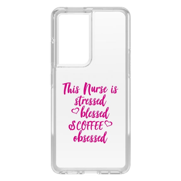 DistinctInk Clear Shockproof Hybrid Case for Galaxy S21 ULTRA 5G (6.8" Screen) - TPU Bumper Acrylic Back Tempered Glass Screen Protector - Nurse Is Stressed Blessed & Coffee Obsessed - Pink