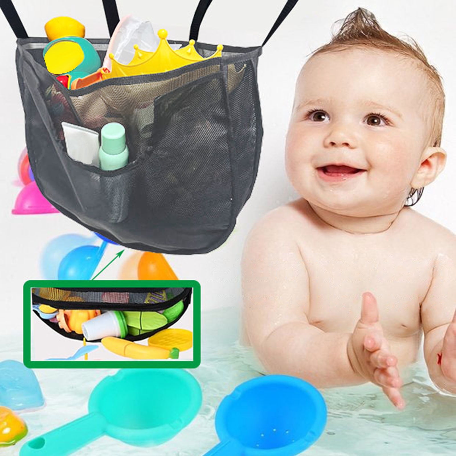 Rupoun Mesh Bath Toy Organizer Large Capacity Wall Hanging Zippered Storage Bag with 4 Adhesive Hooks for Bathroom Gray, 22 x 14.6 inches / 56 x 37 cm