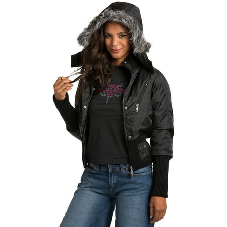 Sweet Vibes Junior Womens Black Puffy Down Jacket with luxurious faux fur (Best Down Jacket Women's)