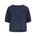 thumbnail image 3 of ClodeEU Women's Summer Short Sleeve Round Neck Cotton Linen Shirts,Retro Embroidered Boho Blouse Tops Navy,Womens Plus XL, 3 of 7