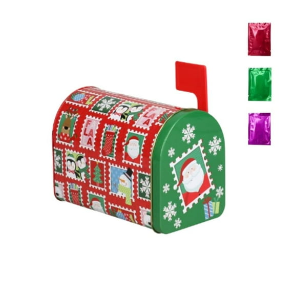 Christmas Mailbox-Shaped Tin with Lid, 1-ct. Bonus w/ Snoep in Beperkte Oplage – Festive Holiday Mailbox Candy Tin, Santa & Penguin Design Gift Box for Treats, Cookies, and Décor
