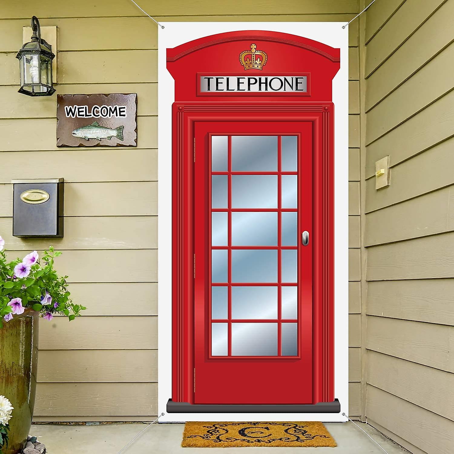 English Phone Booth Door Cover, Large Fabric Red Telephone Box Door Cover Home Jointed Phone Box Decor Banner For Photo Backdrop British International