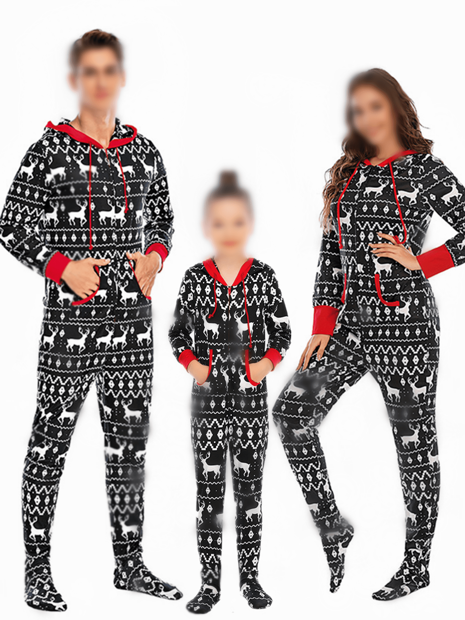 Memoryee Christmas Family Hood Pajamas Romper Long Sleeve Jumpsui with Pocket 
