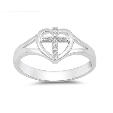 - Clear Cubic Zirconia Cross In Heart Split Shank Ring Sterling Silver