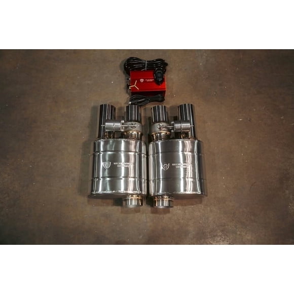 Valvetronic Design Exhaust Muffler UVM.76MM.DUALOUT.X2 Single 3 Inch Offset Inlet; Dual 3 Inch Offset Outlet; 18-1/2 Inch Overall Length