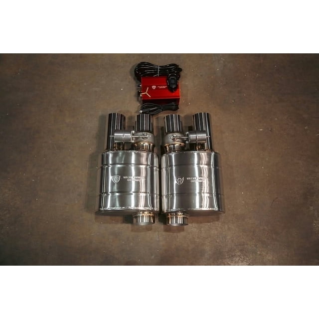 Valvetronic Design Exhaust Muffler UVM.76MM.DUALOUT.X2 Single 3 Inch Offset Inlet; Dual 3 Inch Offset Outlet; 18-1/2 Inch Overall Length