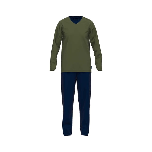 TOM TAILOR Pijama Hombre - Pijama, Algodón, Cuello de Pico, Logo, liso, largo Verde/azul oscuro S (Small)
