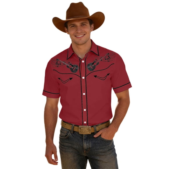 Western Cowboy Print Short Sleeve Shirt for Casual Button Down Camp Style with Classic Yoke Design Men’s Western Everyday Shirt
