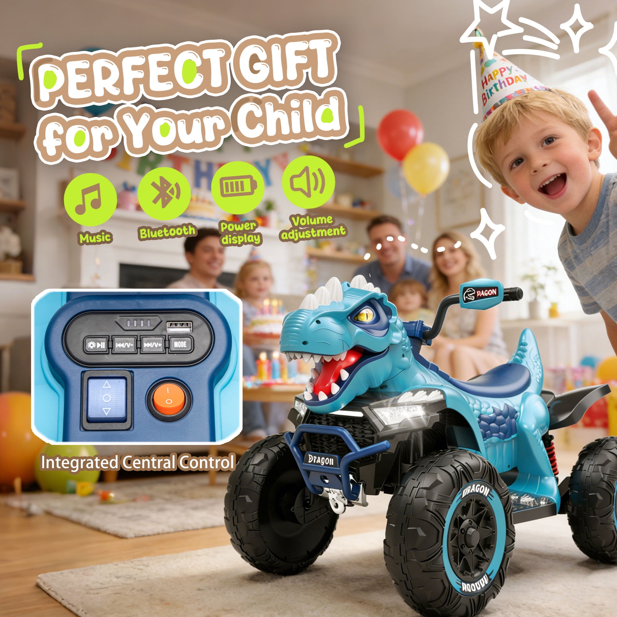 KEEPSUN 12V Ride on Toy for Kids, Dinosaur Ride on Car w/ Remote Control, 2-Seater 4 wheeler Kids ATV Quad with 100W*2 Motors, Bluetooth, Spring Suspension, Music, Cool Lights, Blue