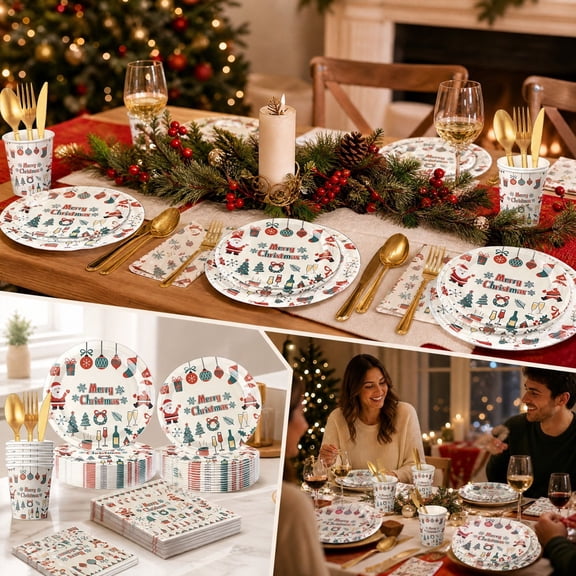 Christmas Dinnerware Party Set, 79 Piece Holiday Table Supplies With Plates Cups Napkins Tablecloth Garland And Forks, Festive Dining Collection For Family Gathering Event And Celebration Display