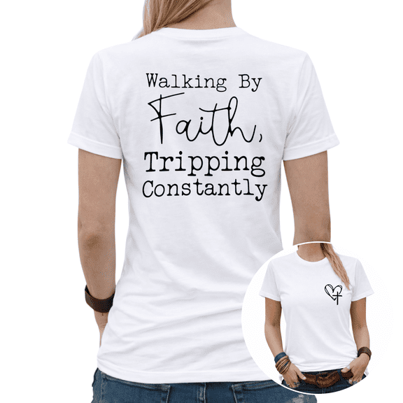 Walking By Faith Tripping Womens Print Tshirt Graphic Tees Black/White S-5XL Tops