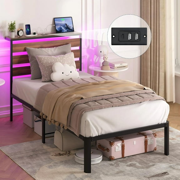 Lusimo 14" Twin Size LED Bed Frame with Storage Headboard and Charging Station Sturdy Metal Platform Bed with Round Footboard & 12'' Large Under Bed Storage