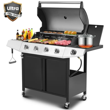 50000 BTU Gas Grills, SYNAGR Propane Grill with 566 sq.in Cooking Area, 5-Burner Stainless Steel BBQ Grill with Side Burner and Thermometer for Outdoor Party, Camping