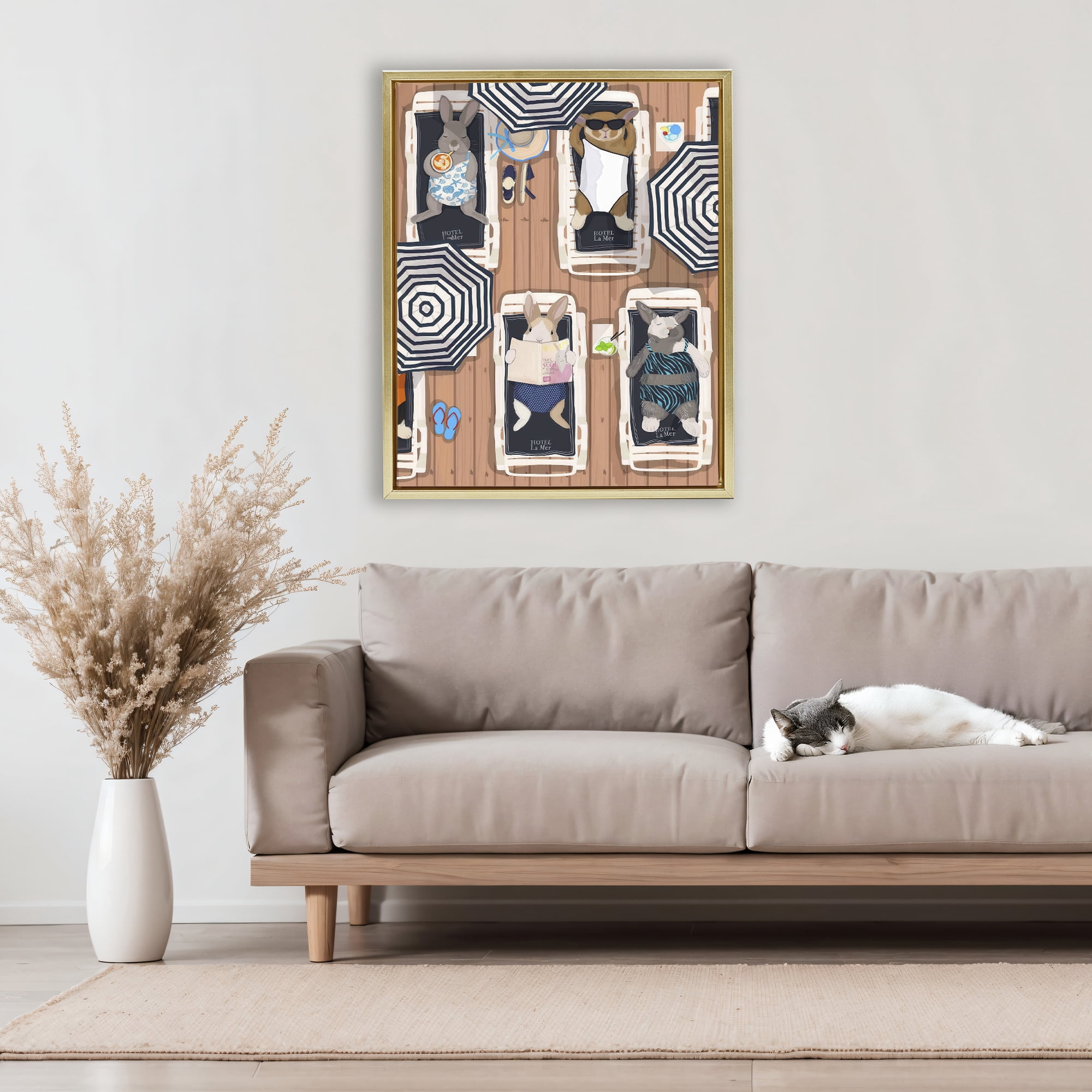 Stupell Industries Rabbits at Hotel La Mer Gold Framed Floater Canvas Wall Art, design by Hanna Melin