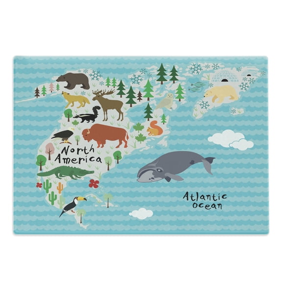 North America Cutting Board, Continent Map with Cartoon Style Indigenous Animals Bear Moose Whale Gator, Decorative Tempered Glass Cutting and Serving Board, in 3 Sizes, by Ambesonne