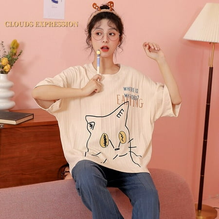 

QWZNDZGR Spring Summer Short Pijama Cartoon Duck Print Women s Pajamas Set Kawaii Girls Nightwear Plaid Sleepwear Lounge Homewear Fashion
