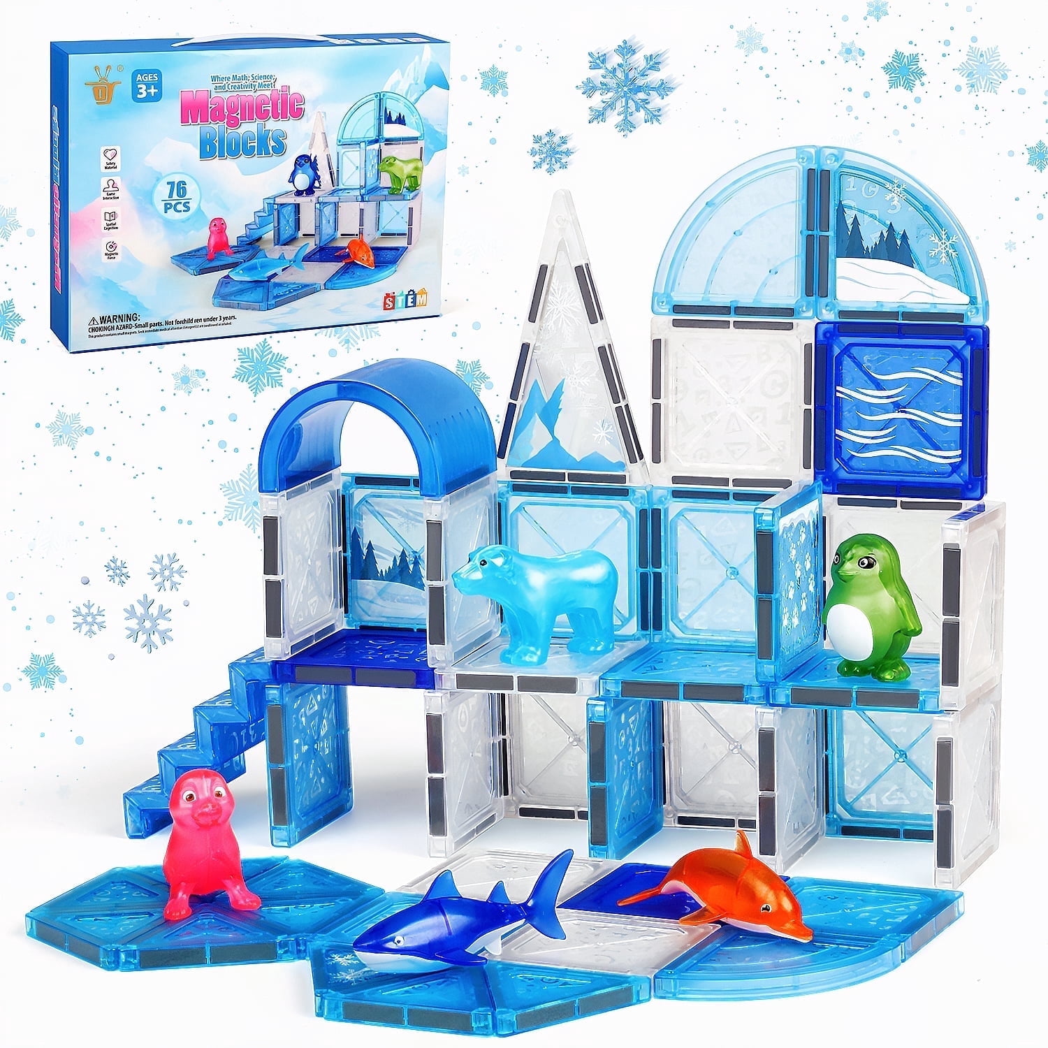 Huge Wave Magnetic Tiles for Kids Ages 4-8, 76 PCS 3D Building Set Toys, Animal Magnetic Tiles, STEM Montessori Educational Toy, Christmas Birthday Gift for Toddler