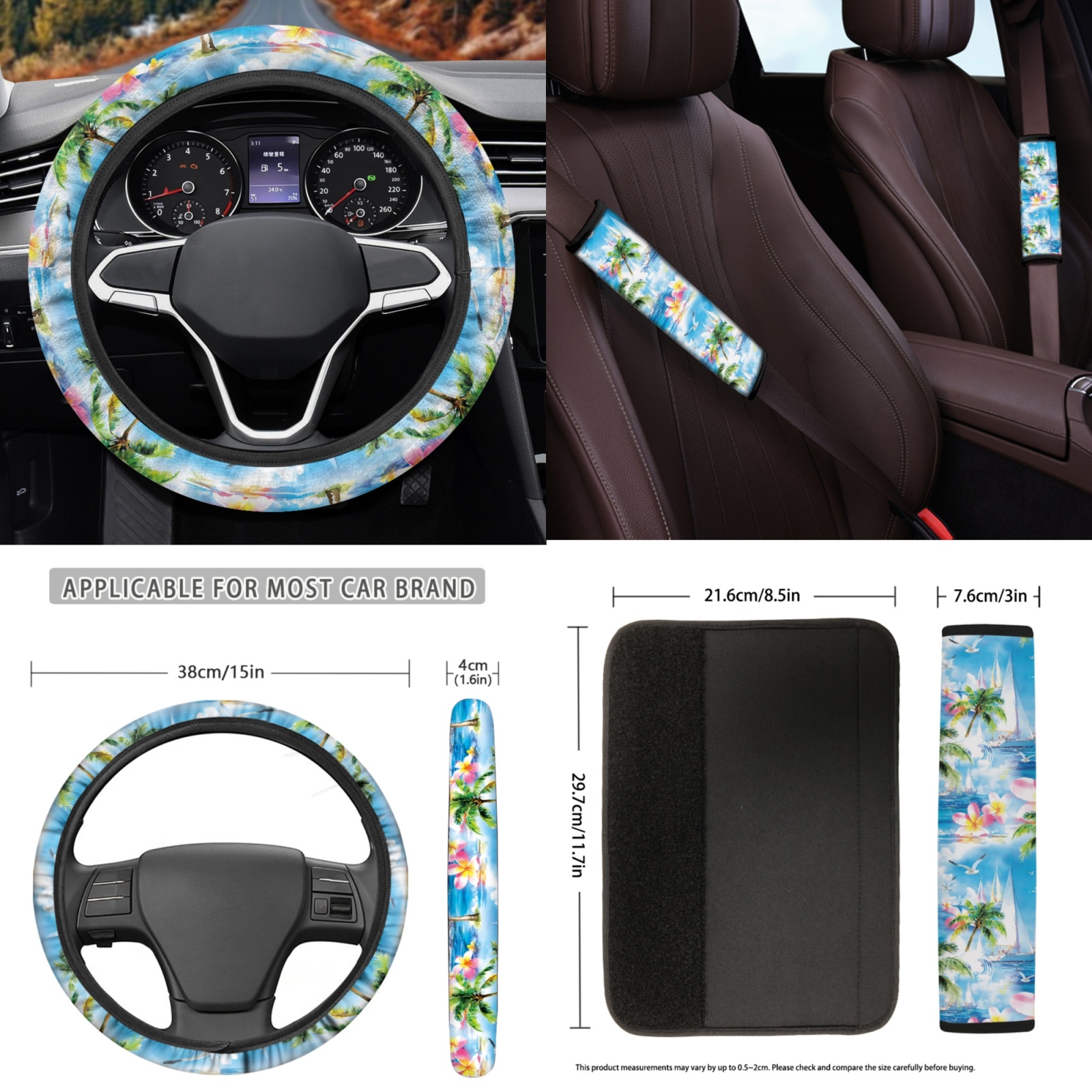 Yuyamidu Coconut Tree Car Seat Cover Full Set Seaside Car Floor Mats Steering Wheel Cover Seat Belt Pad Cover Coasters Handbrake Cover Set Blue Car Decor, 15 Pack