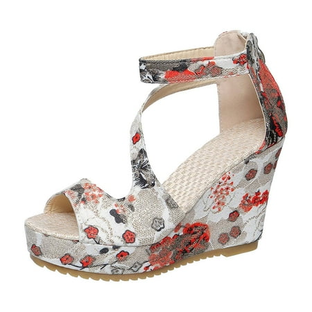 

Xboschi Comfortable Sandals For Women Sandals for Women 2024 Women Sandals Fashionable New Pattern Flower Print Wedge Heel Increase Comfortable Non Zipper Casual Shoes