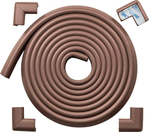 3M Pre-Taped Corners Coffee Brown Roving Cove Table Corner and Edge Protectors Soft NBR Rubber Foam Heavy-Duty 15ft Edge + 4 Corners Baby Proofing Furniture and Fireplace 