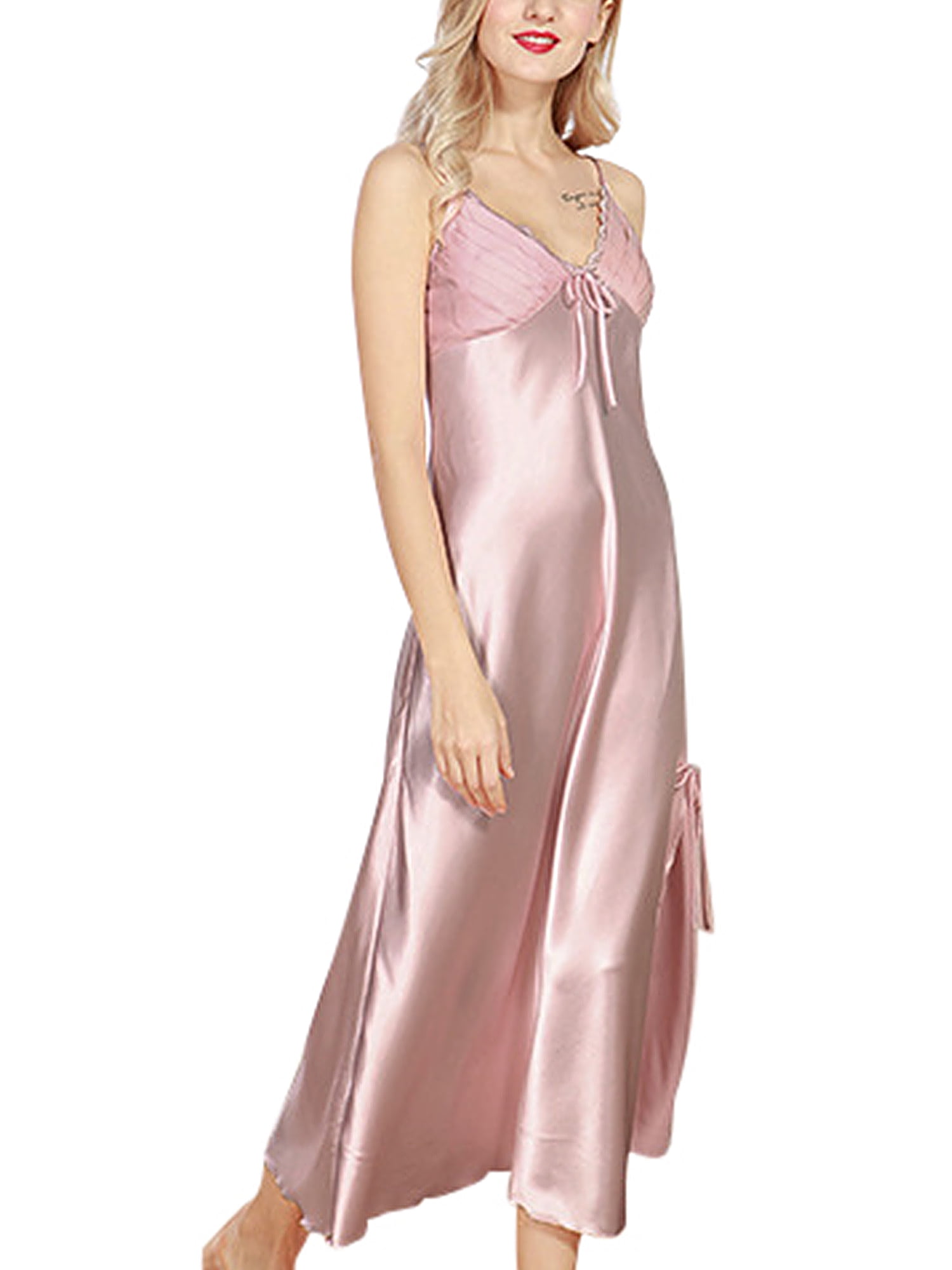 Womens Silk Satin Elegant Long Nightgown Pajamas Sleepwear Spaghetti