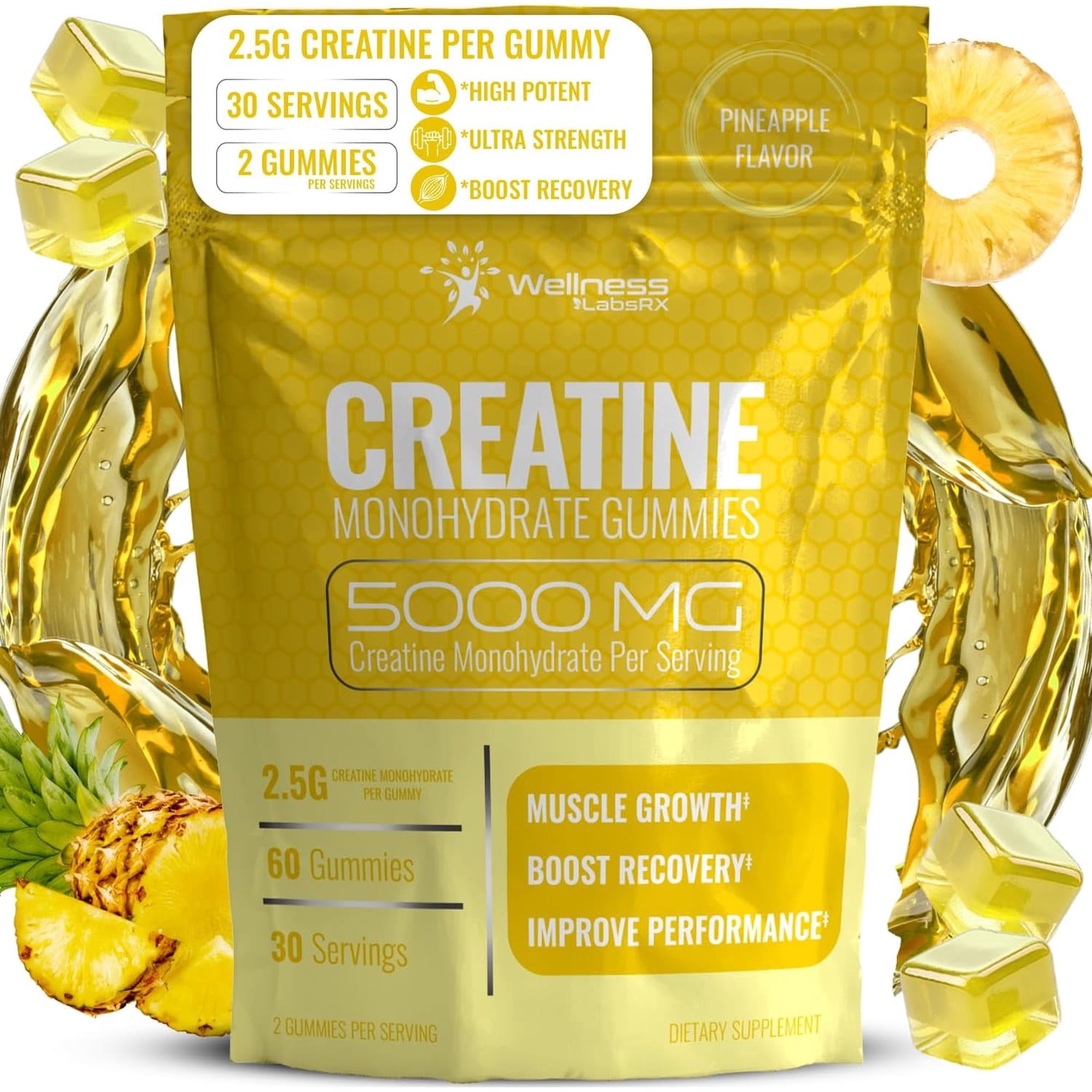 WELLNESS LABSRX Creatine Monohydrate Gummies 5000mg For Men & Women, Pineapple Flavor, 60 Count