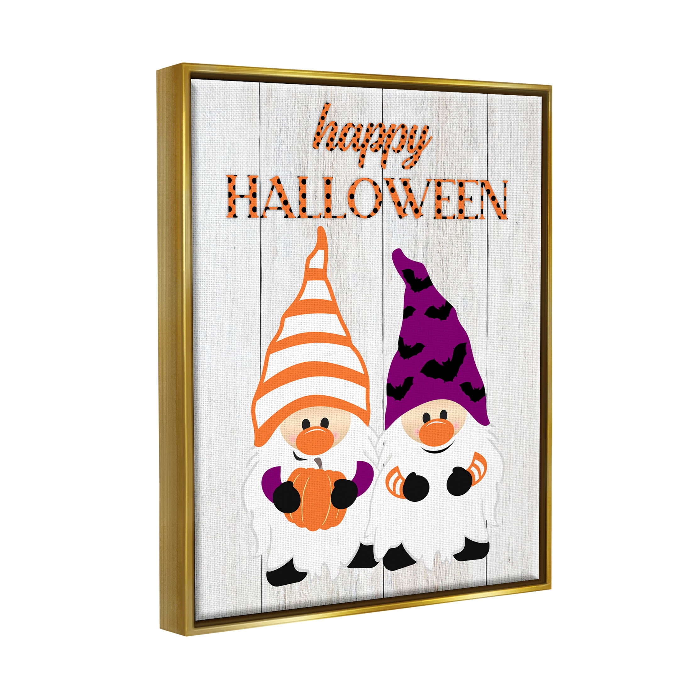 Stupell Industries Happy Halloween Seasonal Gnomes Graphic Art Metallic Gold Floating Framed Canvas Print Wall Art, Design by CAD Designs