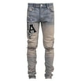 thumbnail image 4 of Luwomo Mens Casual Jeans Letter Print Y2K Stretch Long Straight Leg High Waist Trousers Retro Design Slim Fit Streetwear Relaxed Fit Denim Pants Blue,28, 4 of 6