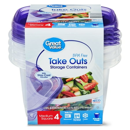 Great Value BPA Free Take Outs Storage Containers with Lids, Medium Square, Set of 4, 32 fl oz