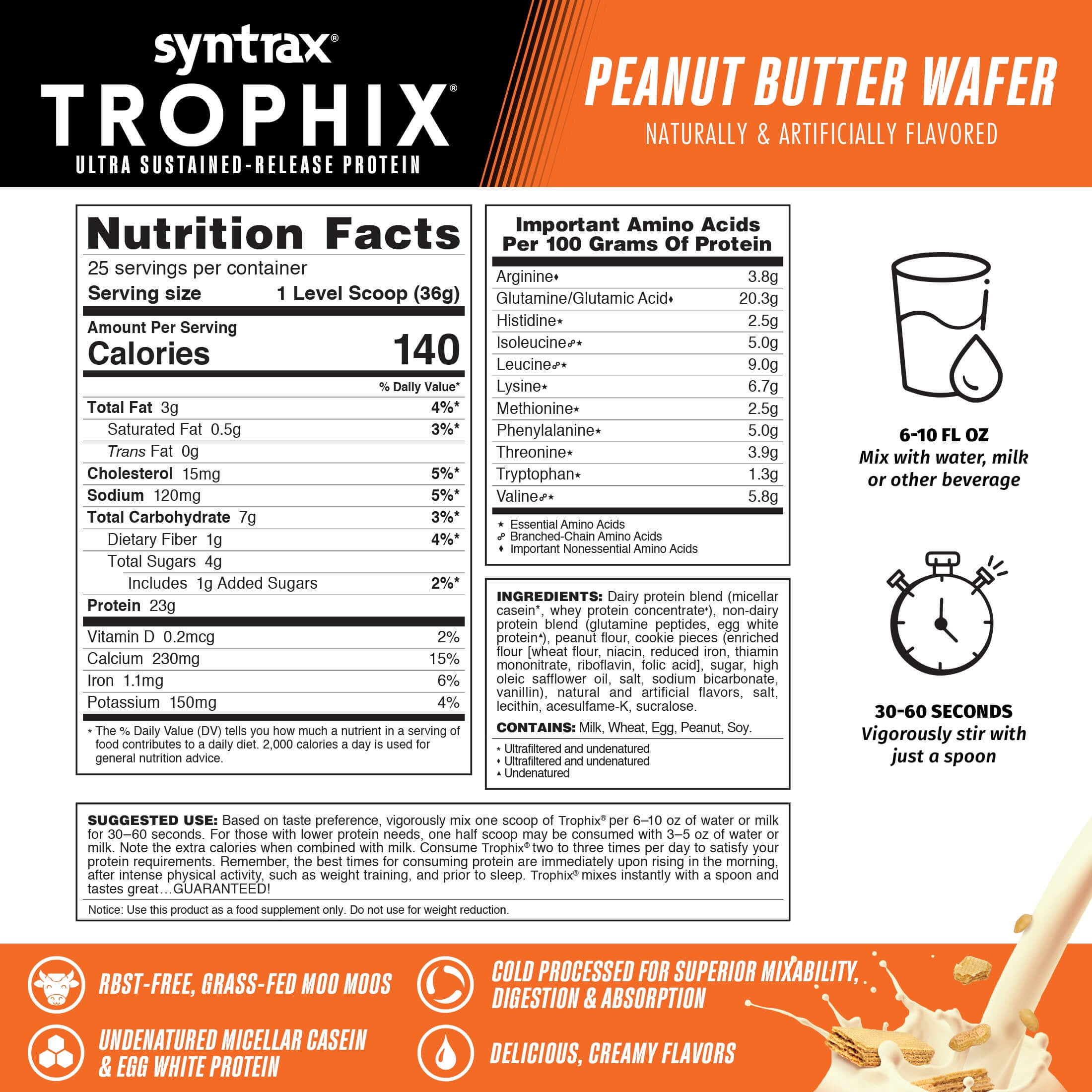 Syntrax Nutrition Trophix, Peanut Butter Wafer 2 lbs. Ultra Sustained-Release Protein Powder Blend, with Real Wafer Pieces