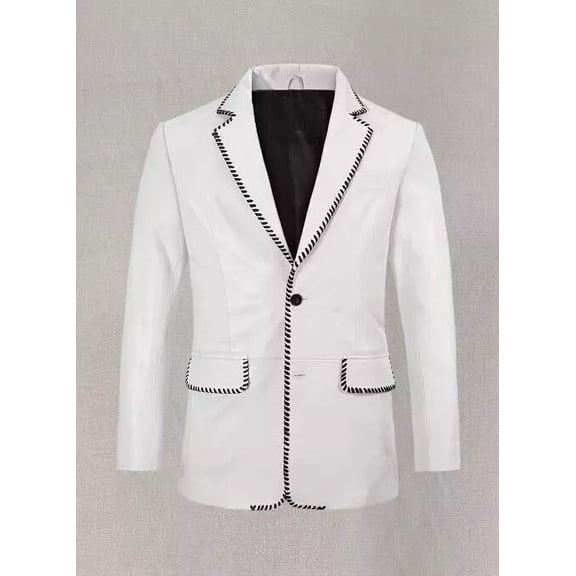Abez Premium Style Men's White Two Button With Black Border Soft Genuine Lambskin Leather Blazer Party Wear Coat