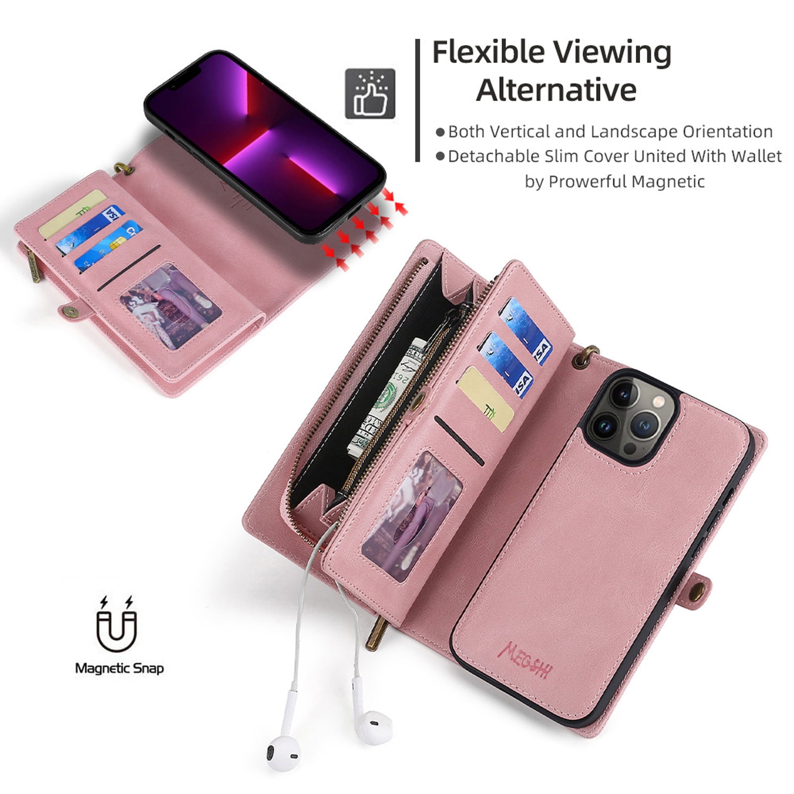 for iPhone 16e Wallet Case, Durable PU Leather 2-in-1 Detachable Magnetic Flip Phone Case for iPhone 16e Case Wallet with Card Holder Slots Zipper Pouch for Women Men, Pink