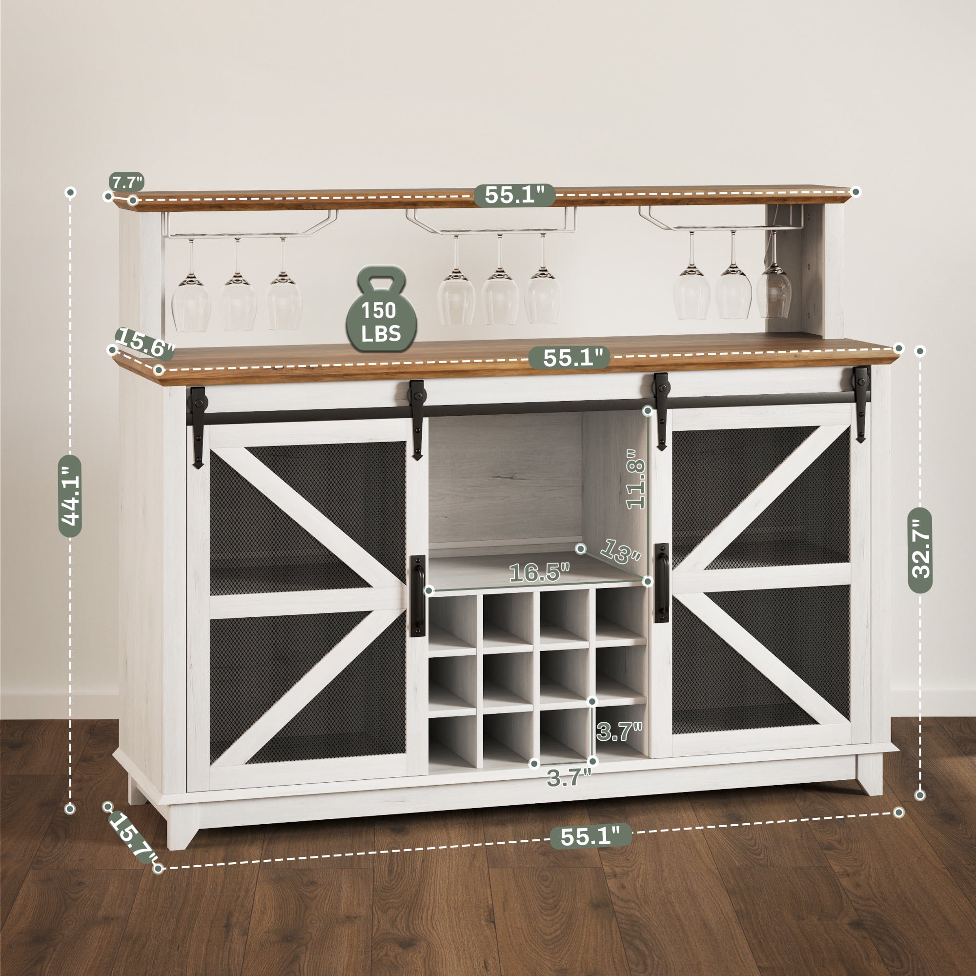 HOQBN 55" Farmhouse Coffee Bar Cabinet with Lights, Freestanding Wine Storage Cabinet with Wine Rack and Glass Holder Racks for Kitchen Dining Room Home, White