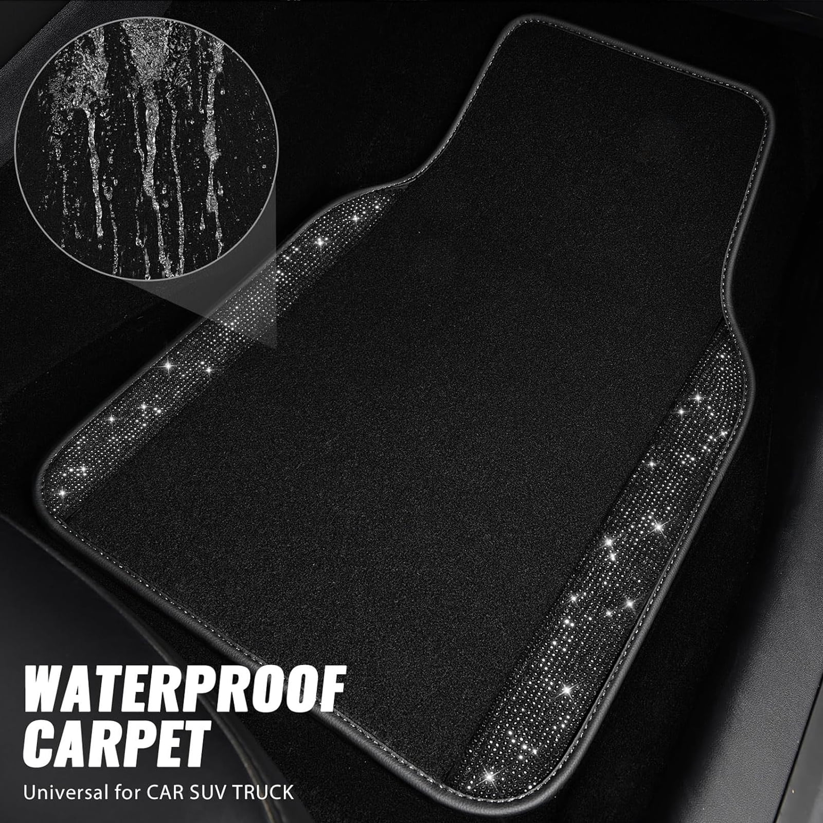 Car-Grand Bling Rhinestone Diamond car floor mats shining carpet sparkly glitter crytal with anti-slip heel waterproof universal fit cute girl women 4pcs Black