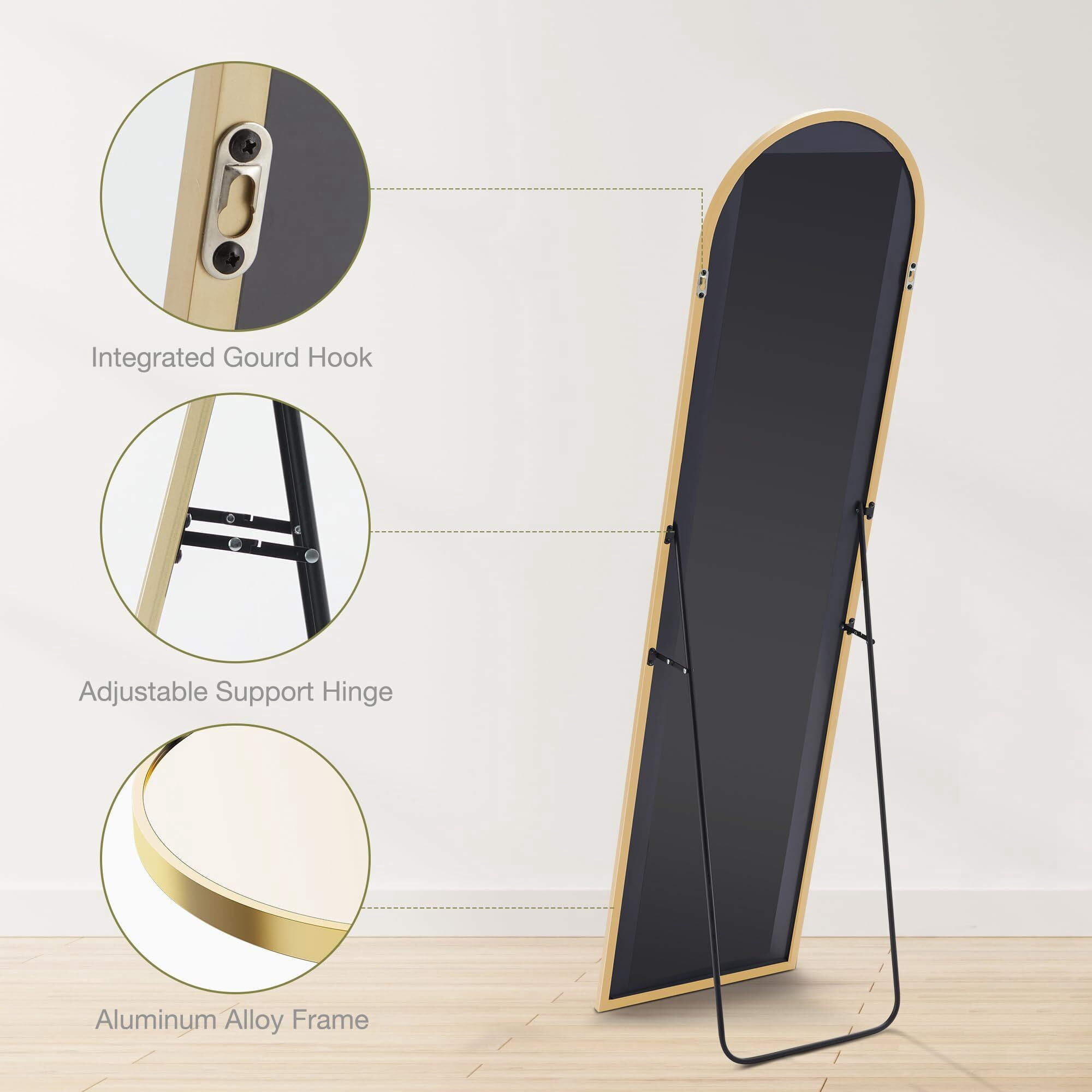 Anyrose 59.1"x16.1" Arched Full Length Mirror Free-Standing Floor Mirror with Aluminum Frame,Gold