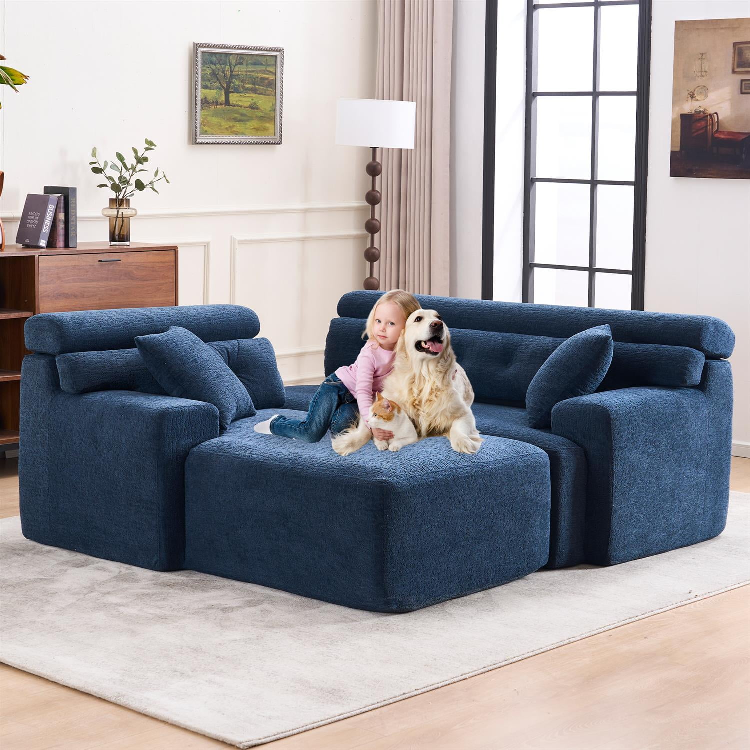 Demi Bonn 105" Modern L-Shaped Sectional Sofa, 3-Seater Couch with Chaise Lounge, 2 Accent Pillows, Wood Grain Chenille Fabric for Living Rooms, Blue