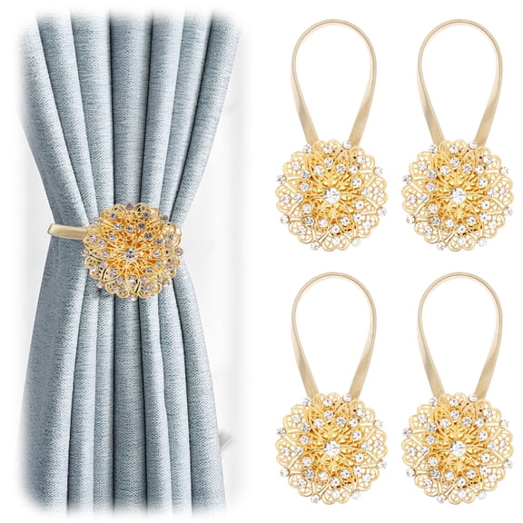 4Pcs Magnetic Curtain Tiebacks- Upgrade 2026 with Shiny Imitation Crystal Strap & Strong Magnet Tieback Window Treatment Holdbacks Draperies Holders Decorative Drape Handmade Tie Back(Gold)
