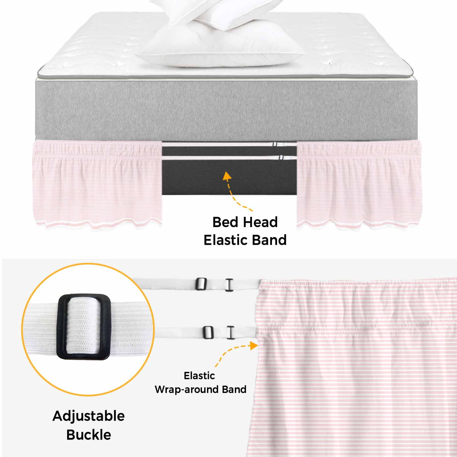 Bed Skirt Stripes Adjustable Elastic Wrap-Around Dust Ruffle with Abstract Pink Geometric Simple 18 Inch Drop, Bed Frame Cover for Queen Size Bed