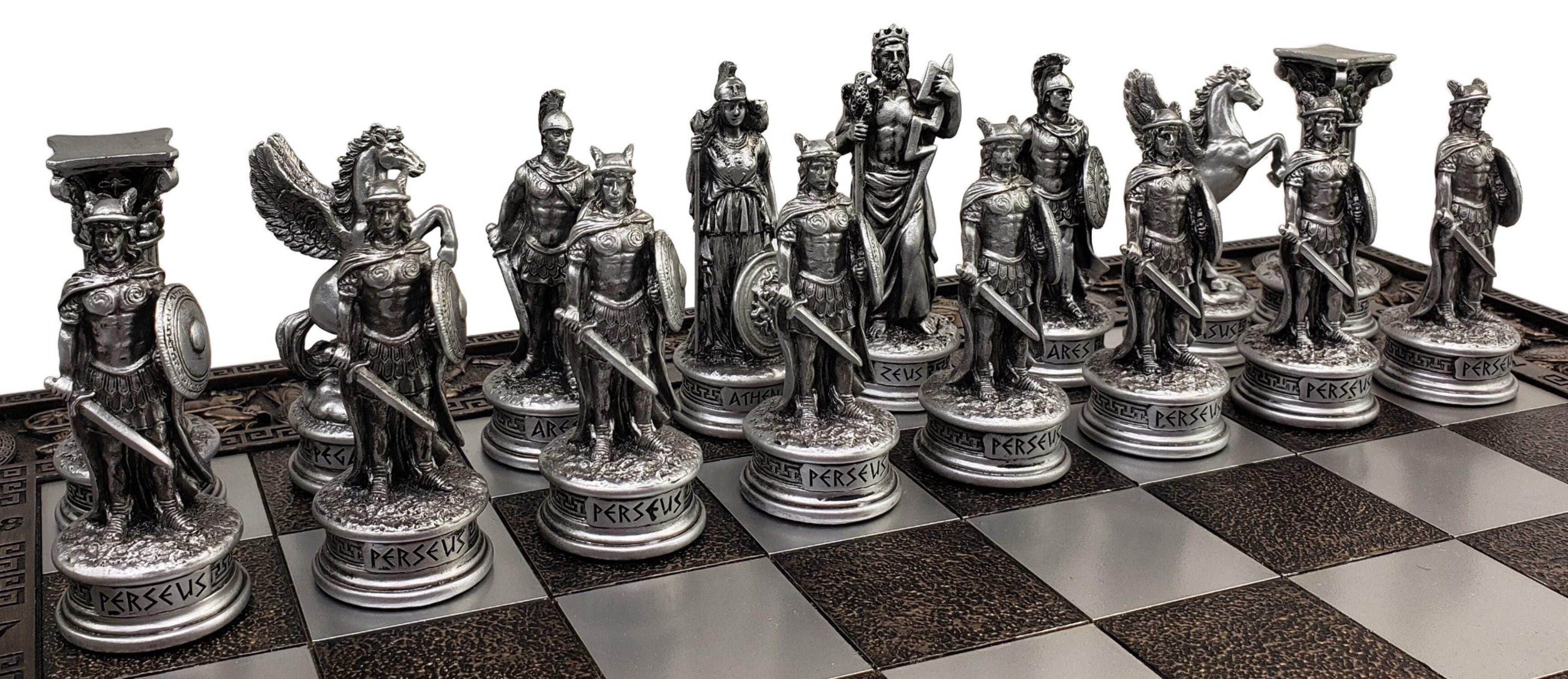 Greek Mythology Olympus Gods Chess Set Pewter  Bronze Color W 17" Greek Board