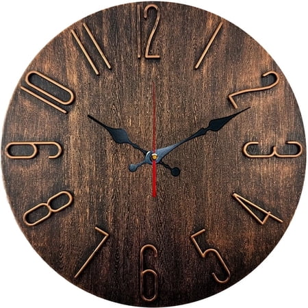 SBEMP10 Inch Silent Wall Clock, Distressed Wood 3D Number Decorative Wall Clock, Battery Operated Non-Ticking Round Clock for Living Room Bedroom Rustic Home Decor