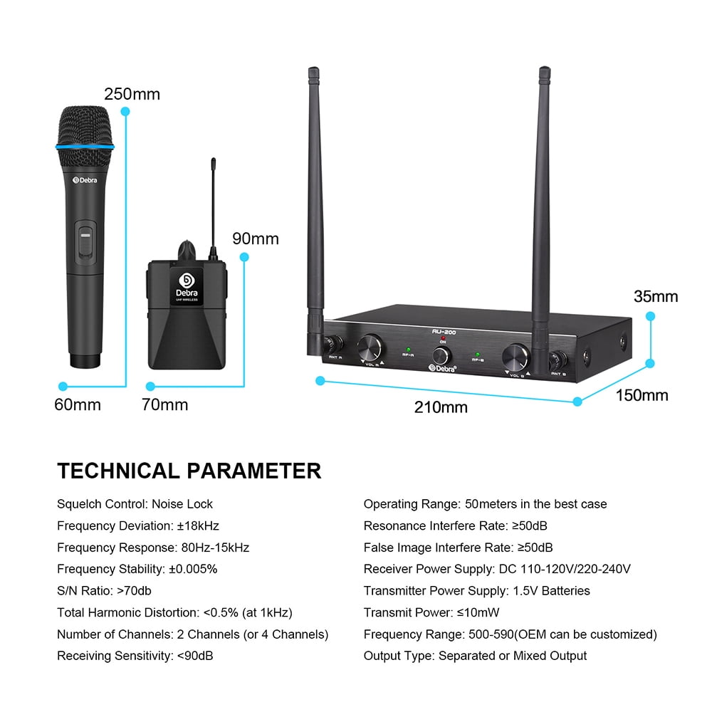 D Debra Audio AU200 Pro UHF 2 Channel Wireless Microphone System with Cordless Handheld Lavalier Headset Mics, Metal Receiver, Ideal for Karaoke Church Party (2 Bodypack)