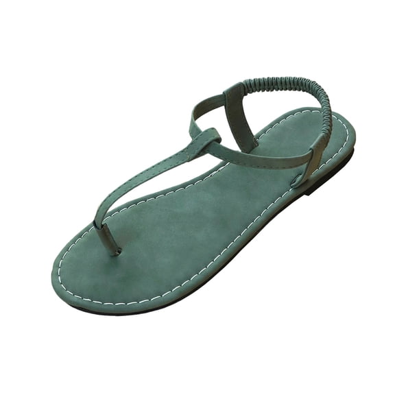 KIJBLAE Plus Size Women's Casual Thong Flat Sandals, Round Open Toe Solid Tone, Back Elastic Strap, Comfy Indoor Outdoor Footwear Green 36
