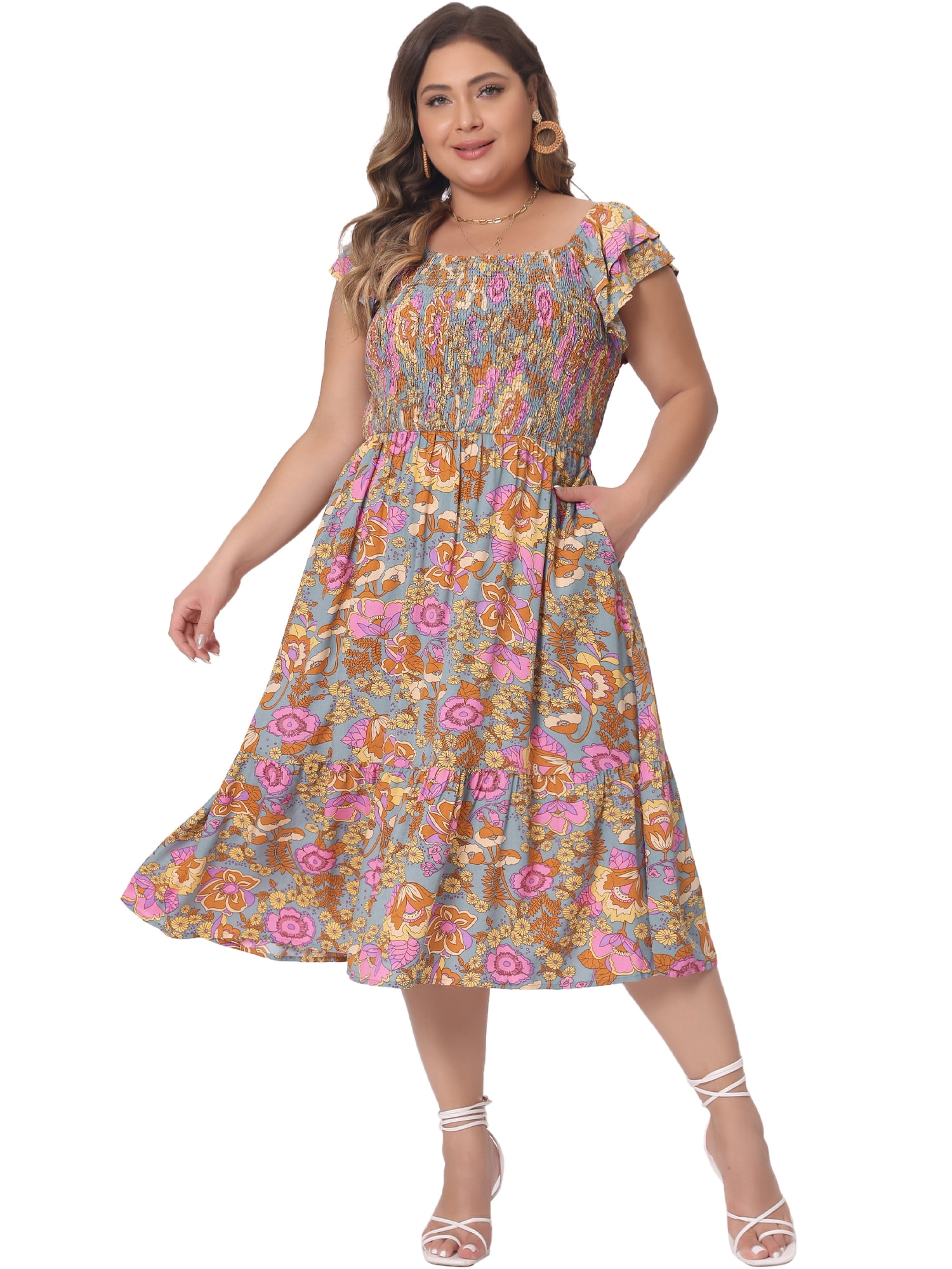 DARING DIVA Women's Plus Size Square Neck and Flutter Sleeves Dress 4X Grey Green
